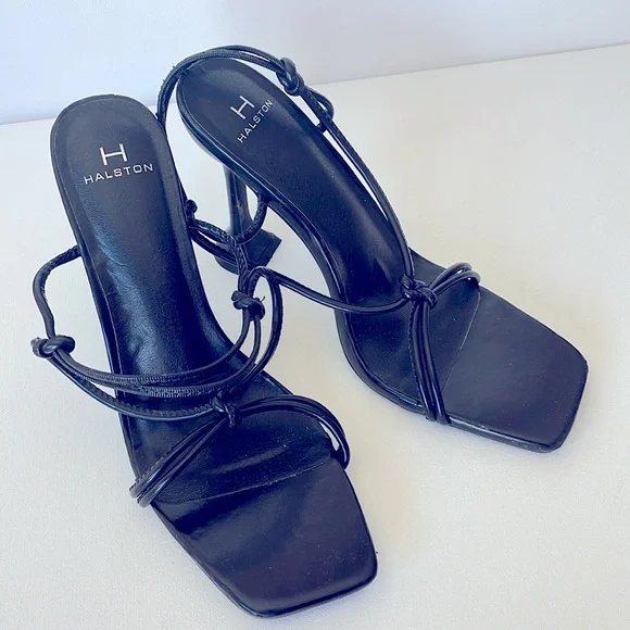 NWOT H by HALSTON PICASSO BLACK STRAPPY SQUARE TOE SPOOL HEELS SANDALS 8.5M - Picture 2 of 12